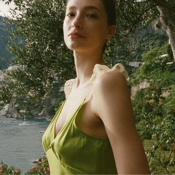 DOEN Claire Dress Silk Chartreuse Green Midi Maxi Slipdress XS Babydoll Retro - Picture 2 of 15